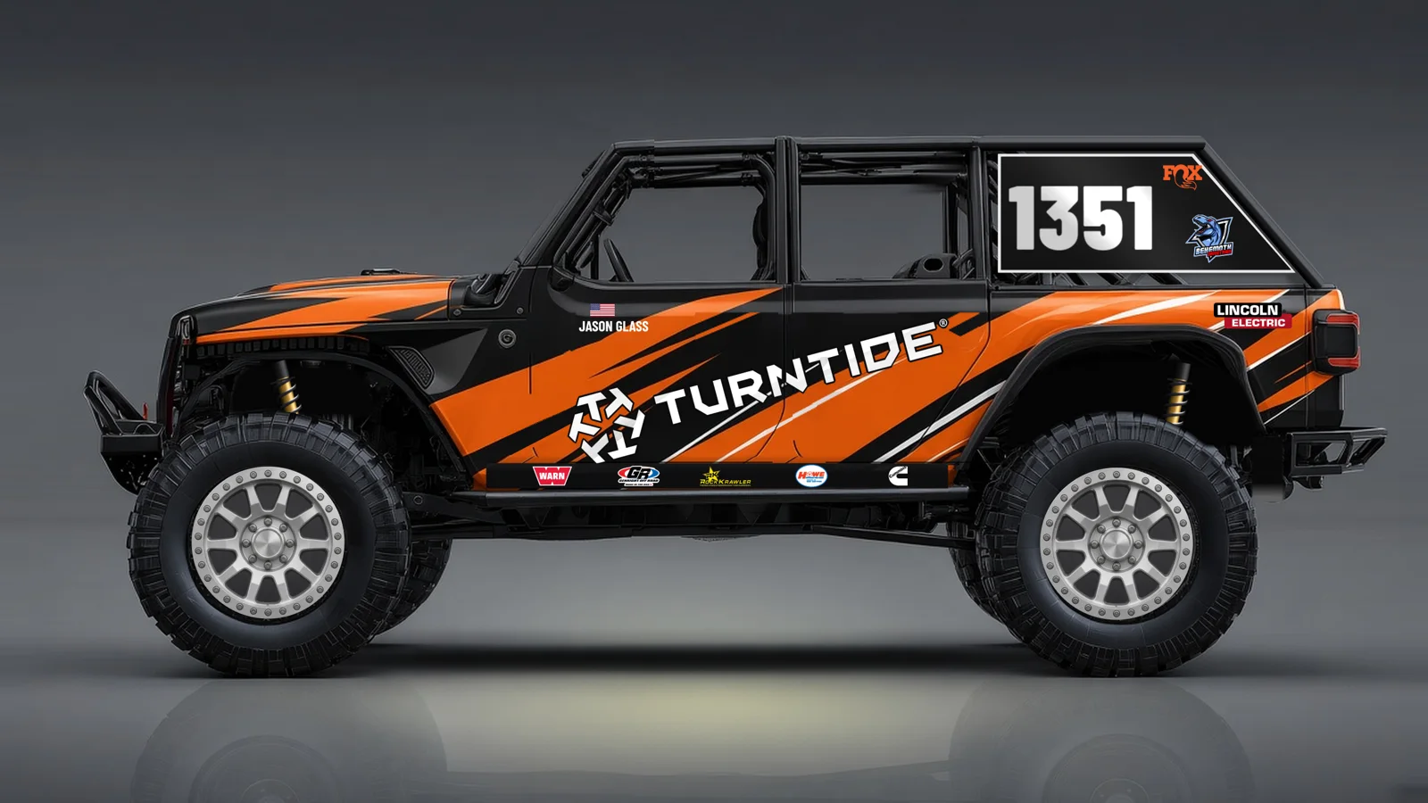 Concept render of MOAB #1351 from the side in DXR orange, black and white